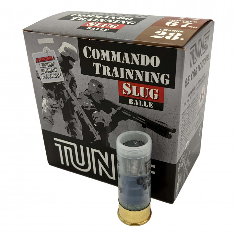 TUNETTunet Commando Slug-Cette munition Commando Training Slug est une balle de tir monobloc en plomb conçue pour s’adapter à la plupart des fusils, à pompe, semi-automatiques superposés ou juxtaposés, pourvu qu’ils soient en calibre .12. Elle peut s’utiliser aussi bien dans les canons lisses que les canons rayés.Si ces munitions sont utilisées avec un fusil semi-automatique, un réarmement manuel peut être nécessaire. Ces balles Commando Training Slug produiront de bons groupements jusqu'à 50 mètres environ, en fonction de la longueur de votre canon.
